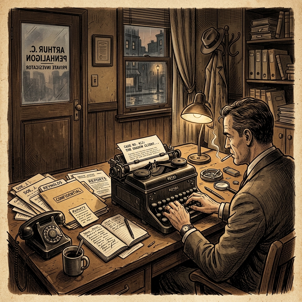 Vintage Detective Workspace illustration with books and aged folders