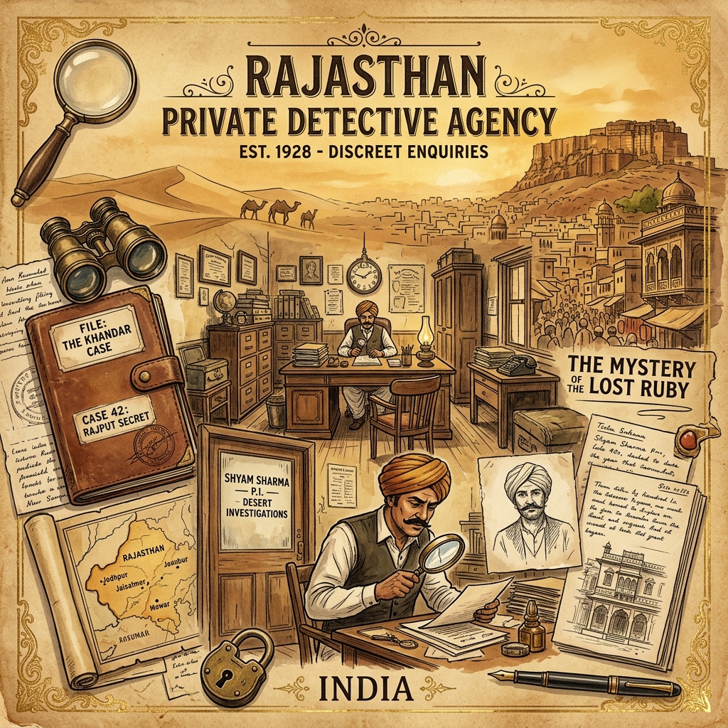 Rajasthan Private Detective Collage with magnifying glass, magnifying map of Rajasthan, fingerprints, and desert landscape