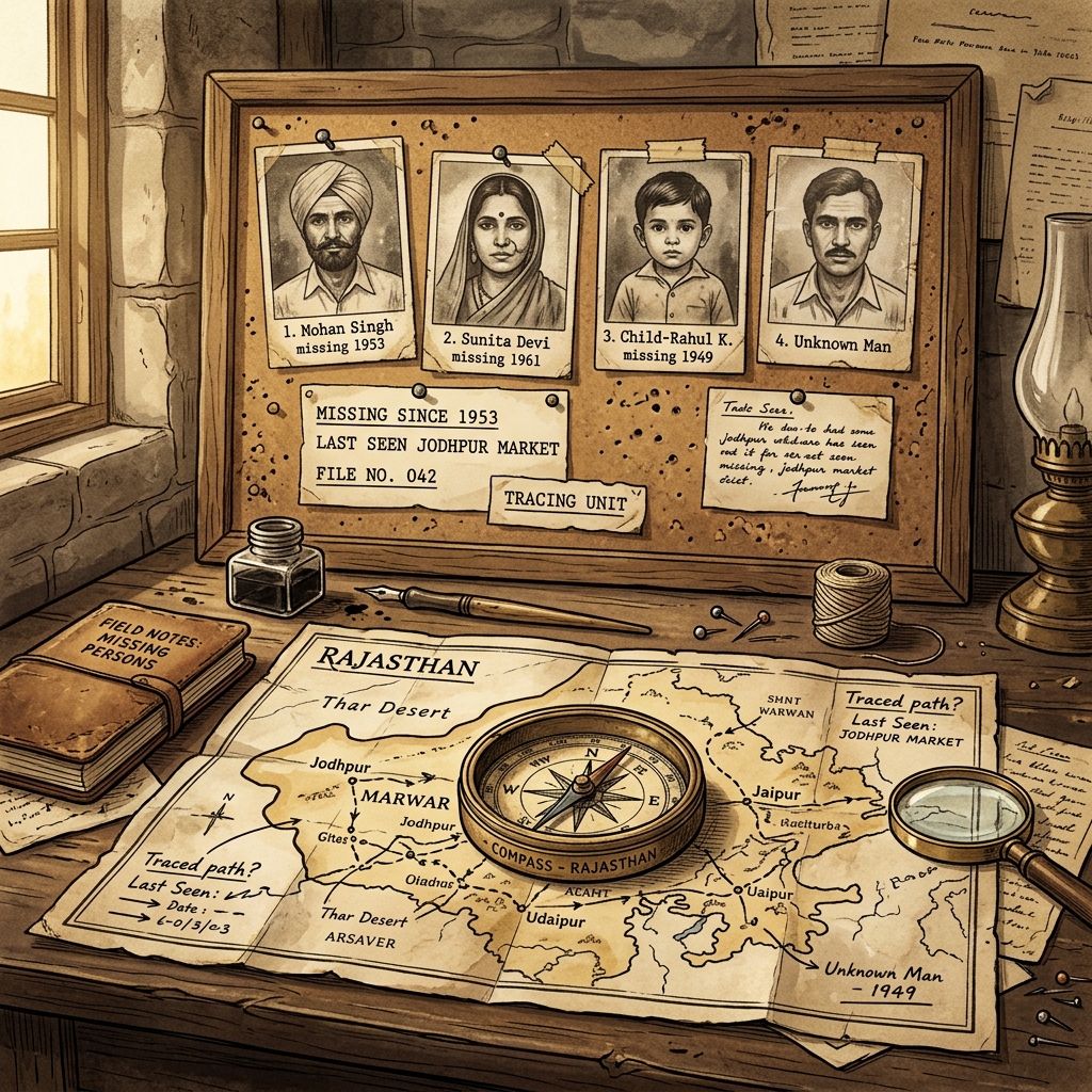 Missing persons themed banner with binoculars and maps