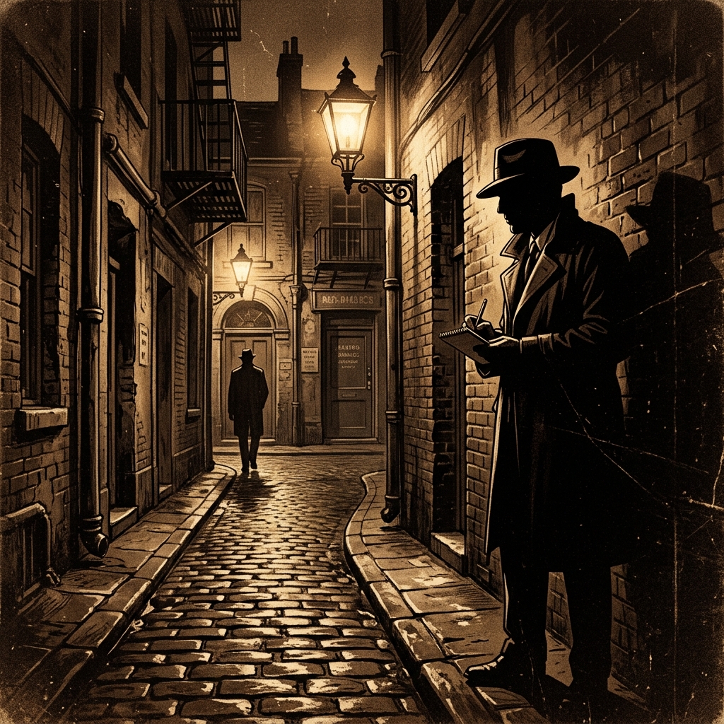 Surveillance banner with detective shadowed on rooftop