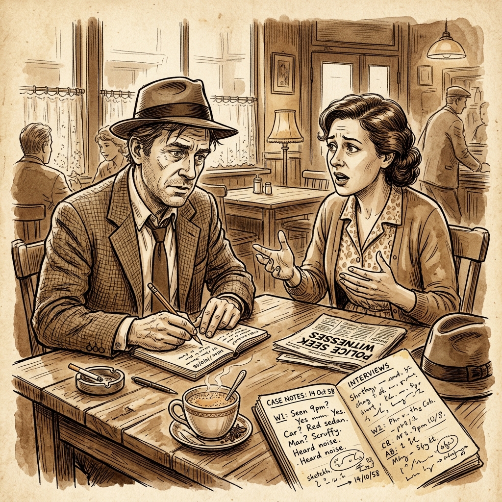 Detective interviewing witness at tea stall